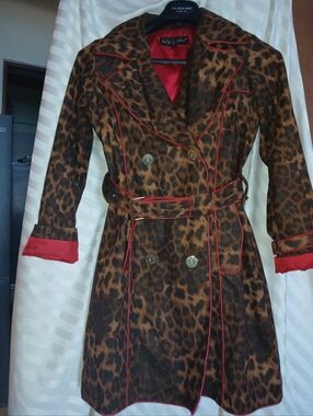 Baby Phat Leopard Print Rain/Trench Coat - Red Trim & Signature Gold Buttons S/P